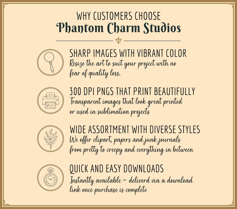 This card offers more information about Phantom Charm Studios products.