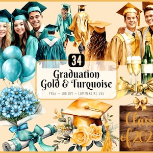 Imágenes prediseñadas de graduación: Oro y turquesa, chicas y chicos de último año, diploma, birrete, toga y birrete (descarga PNG)