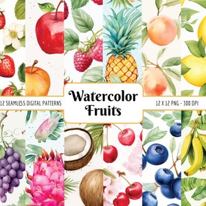 Pacote de padrões sem costura de frutas em aquarela I pacote de papel digital, verão, fundos coloridos de cozinha, cartões de receitas, download instantâneo PNG