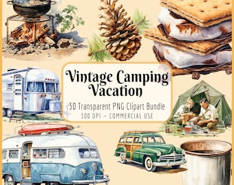 Vintage Camping Vakantie Clipart Bundel I Aquarel Camping Tent Kampvuur Retro Camper, Familie Picknicktafel, S&#39;mores, Instant PNG Download