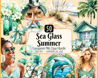 Zeeglas zomer clipartbundel | Tropisch strandvakantie, zonnige kust oceaan reisafbeeldingen, zeeglas schelpen, instant png-download