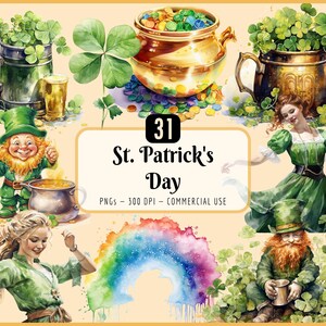 Clipart St. Patrick's Day: klavers, regenbogen, pot met goud, kabouter (PNG-download)