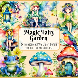 Bundle de cliparts jardin féerique magique I aquarelle, maison de fées champignon fantaisiste, ludique, enchantée printemps été, fleurs grenouilles papillons