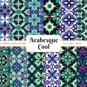Lot de motifs sans couture de style arabesque | Paquet de papier numérique, carreaux méditerranéens ethniques marocains ornementaux tons froids, téléchargement PNG instantané