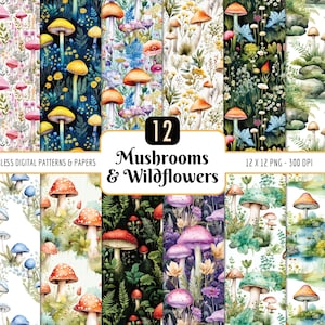 Lot de motifs sans couture de champignons et de fleurs sauvages | Paquet de papier numérique, champignon vénéneux aquarelle, mycologie botanique de la nature, téléchargement PNG instantané