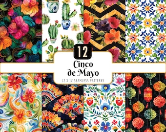 Cinco De Mayo Seamless Patterns Bundle | Digital Paper Pack, Colorful Mexican Fiesta Florals, Cactus, Instant PNG Download, Commercial Use