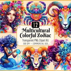 Lot de cliparts du zodiaque coloré multiculturel | Horoscope, signes astrologiques, galaxie fantastique céleste, téléchargement PNG instantané, usage commercial