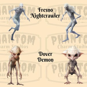 Four images from our American Cryptids clipart bundle. Explore the eerie side of folklore with the Fresno Nightcrawler and Dover Demon. Two images of each mythical creature.
