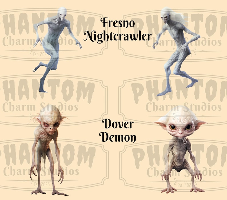 Four images from our American Cryptids clipart bundle. Explore the eerie side of folklore with the Fresno Nightcrawler and Dover Demon. Two images of each mythical creature.