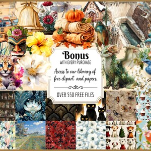 This card tells customers that we offer a bonus with purchase - access to our freebie library with over 550 files of clipart and pattern papers.