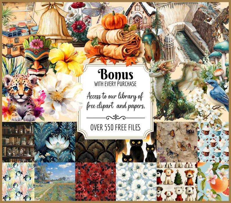 This card tells customers that we offer a bonus with purchase - access to our freebie library with over 550 files of clipart and pattern papers.