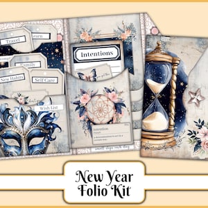 New Year Folio Kit: Junk Journal Insert Folder, Fussy Cuts, Goals, Intentions, Resolutions, Bucket List, Mix & Match (JPG Download)