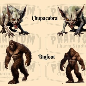 Four images from our American Cryptids clipart bundle. Explore the eerie side of folklore with the Chupacabra and Bigfoot. Two images of each mythical creature.