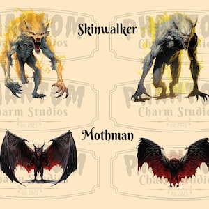 Four images from our American Cryptids clipart bundle. Explore the eerie side of folklore with the Skinwalker and Mothman. Two images of each mythical creature.