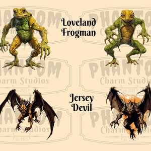 Four images from our American Cryptids clipart bundle. Explore the eerie side of folklore with the Loveland Frogman and the Jersey Devil. Two images of each mythical creature.