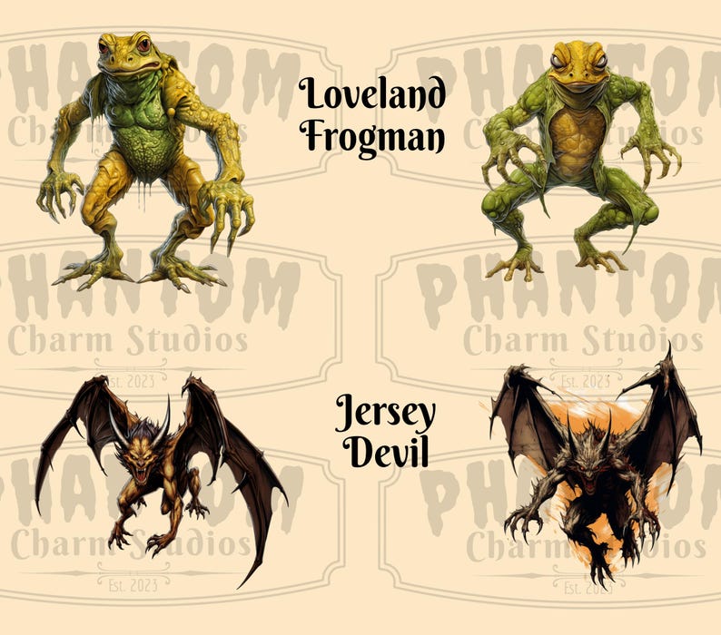 Four images from our American Cryptids clipart bundle. Explore the eerie side of folklore with the Loveland Frogman and the Jersey Devil. Two images of each mythical creature.