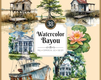 Zestaw akwarelowych clipartów Bayou w Luizjanie, krajobraz południowy, przyroda botaniczna, wędkarstwo, cyprysy, bagna, natychmiastowe pobieranie PNG