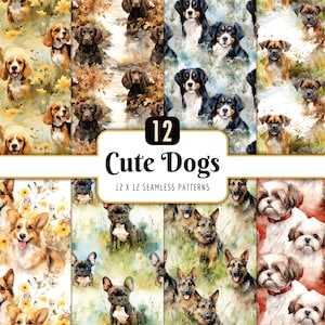 Cute Dogs Seamless Patterns: Watercolor Pets Digital Paper Pack (PNG Download)