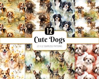 Cute Dogs Seamless Patterns: Watercolor Pets Digital Paper Pack (PNG Download)