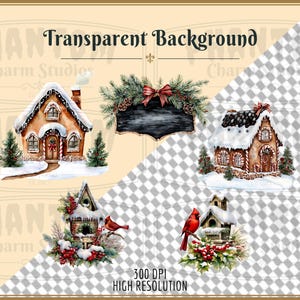 This card shows that our PNG clipart images are transparent features five images from our Farmhouse Christmas clipart bundle, two gingerbread houses, two bird houses with cardinals and a black sign that can be customized.