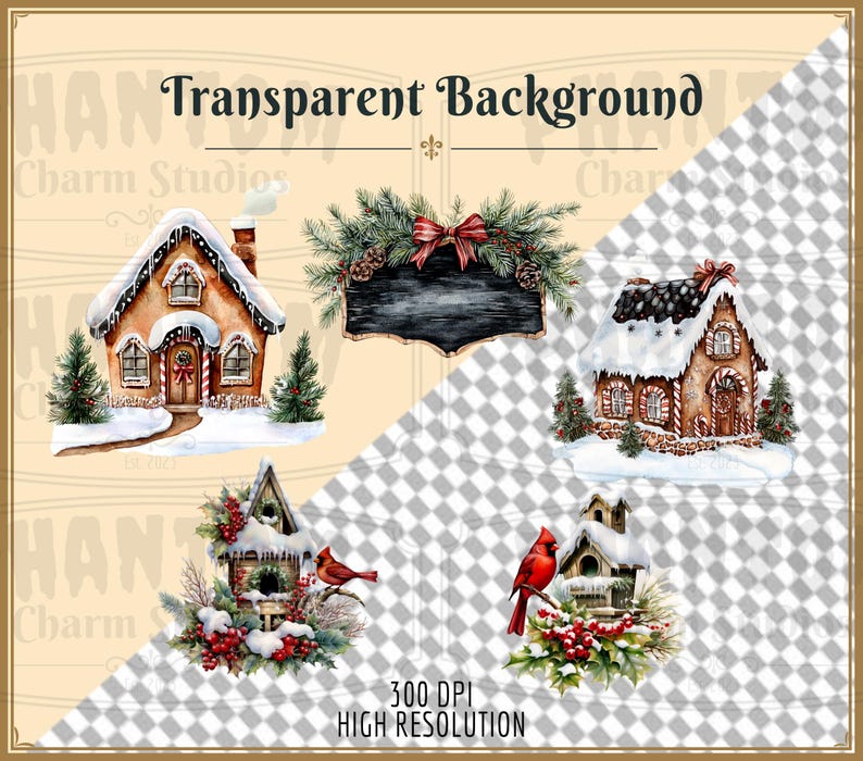 This card shows that our PNG clipart images are transparent features five images from our Farmhouse Christmas clipart bundle, two gingerbread houses, two bird houses with cardinals and a black sign that can be customized.