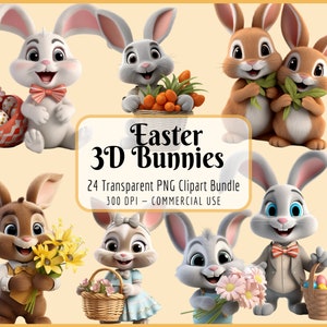 3D paashazen clipartbundel I 3D konijnen, schattig konijntje, lentebloemen, paaseieren, paasmanden, instant png-download, commercieel gebruik