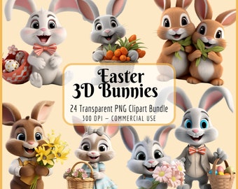 Ostern 3D Hasen Clipart Bundle I 3D Kaninchen, süßes Häschen, Frühlingsblumen, Ostereier, Osterkörbe, sofortiger PNG Download, kommerzielle Nutzung
