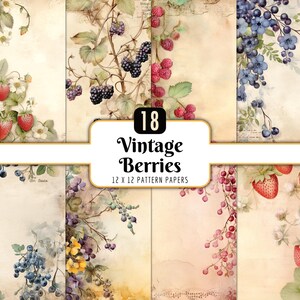 Vintage Berries Digital Paper Pack: Shabby Chic, Rustic (PNG Download)