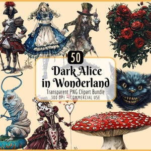 Sombre Alice au pays des merveilles Clipart Bundle I gothique fantastique, aventure de conte de fées, chat du Cheshire chapelier fou Reine de coeur, téléchargement PNG instantané