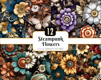 Steampunk Flowers Seamless Patterns: Victorian Fantasy Floral Digital Paper Pack (PNG Download)