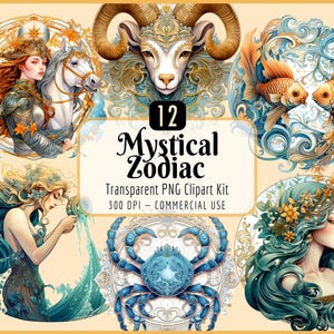 Ensemble de cliparts signe du zodiaque mystique | Horoscope, signes d'astrologie, galaxie fantastique céleste, signes du soleil, téléchargement PNG instantané, usage commercial