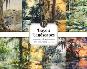 Cyfrowy papier akwarelowy z krajobrazami bagien | Południowa Luizjana, tła przyrodnicze z bagien Cypress Marsh, natychmiastowe pobranie pliku PNG, wykorzystanie komercyjne
