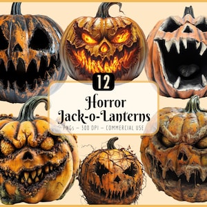 Horror Jack-O-Lanterns Clipart: Creepy Pumpkin Face, Spooky Halloween Graphics (PNG Download)