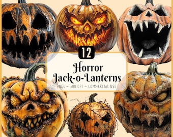 Horror Jack-O-Lanterns Clipart: Creepy Pumpkin Face, Spooky Halloween Graphics (PNG Download)