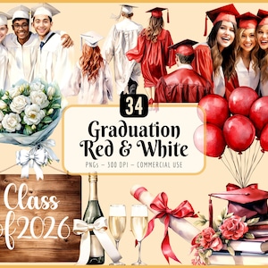 Imágenes prediseñadas de graduación: Rojo y blanco, chicas y chicos de último año, diploma, birrete, toga y birrete (descarga PNG)