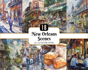 Escenas de Nueva Orleans / Paquete de papel digital, acuarela, paisajes urbanos vibrantes, NOLA, buñuelos del Barrio Francés, descarga PNG instantánea, uso comercial