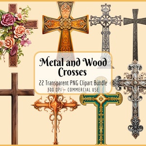 Metall und Holz Kreuze Clipart Bundle | Religiöses Christliches Ostern, Blumenrosen, Keltisches Kreuz, Kruzifix Jesus Glaube, Sofortiger PNG Download