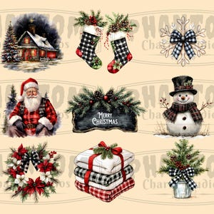 Nine of our Farmhouse Christmas clipart images; including a farmhouse, stockings, a snowflake with ribbon, Santa Claus, a Merry Christmas sign, a snowman, a wreath, stack of blankets and tiny pine tree.