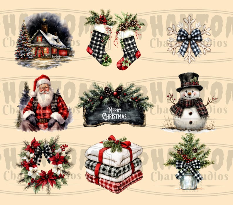 Nine of our Farmhouse Christmas clipart images; including a farmhouse, stockings, a snowflake with ribbon, Santa Claus, a Merry Christmas sign, a snowman, a wreath, stack of blankets and tiny pine tree.