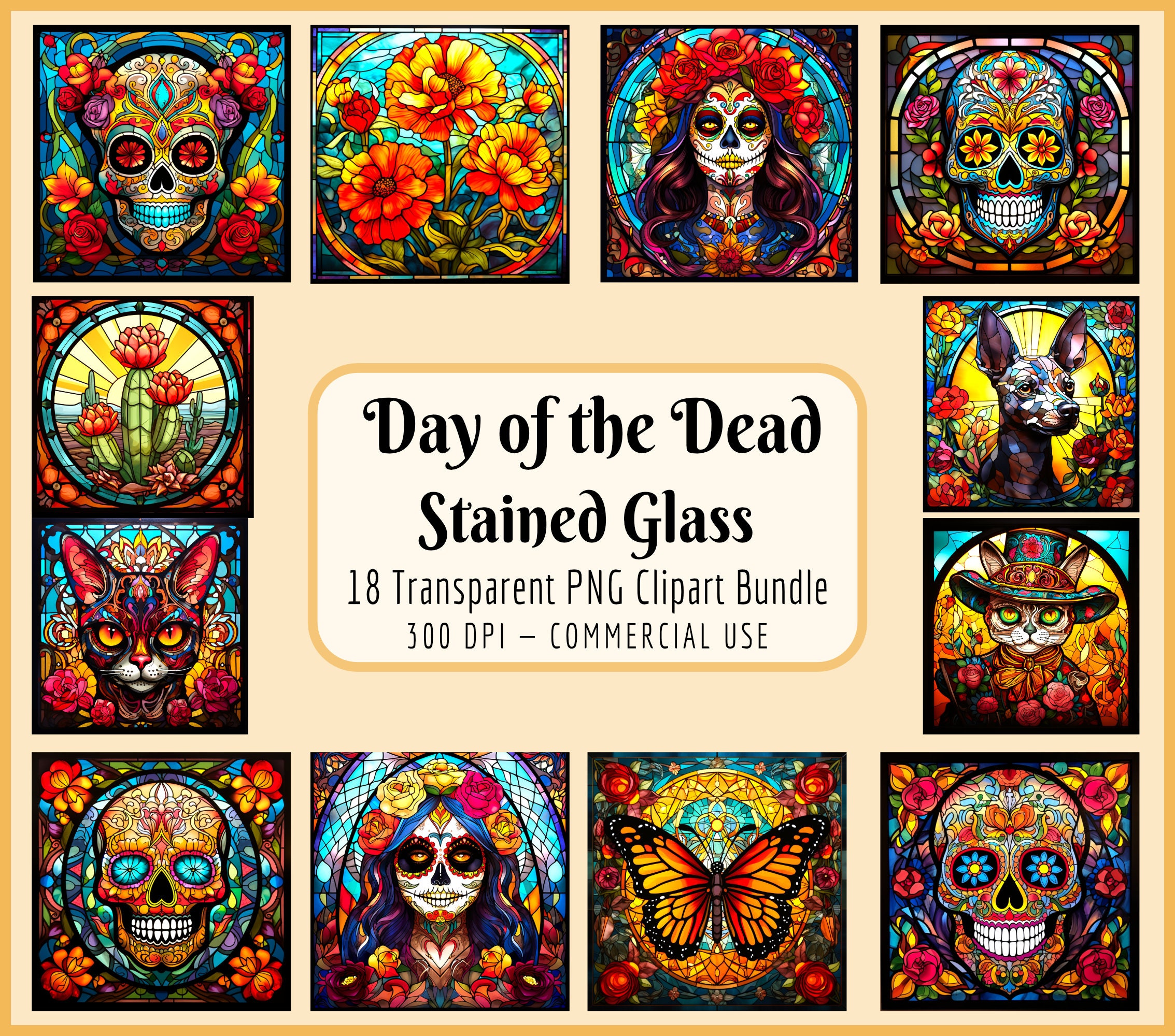 Day of the Dead Stained Glass Clipart Bundle | Dia De Los Muertos, Colorful Sugar Skulls, La Catrina, Mexican Culture, Instant PNG Download