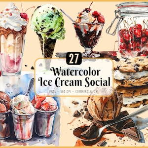 アイスクリームソーシャルクリップアートバンドル | 水彩画、アイスクリームコーン、サンデー、スプリンクル、誕生日、夏のおやつ、即時ダウンロード、商用利用可