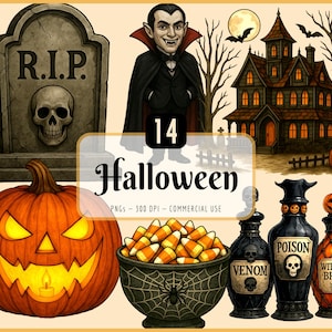 May include: A digital illustration featuring Halloween-themed elements. Includes a tombstone, a vampire, a haunted house, a jack-o'-lantern, a bowl of candy corn, and potion bottles. The word "Halloween" is displayed prominently.