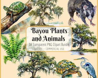 Bayou Plants and Animals Clipart Bundle I Southern Landscape Botanical Nature Cypress Trees Wildlife Birds Marsh Swamp, Instant PNG Download