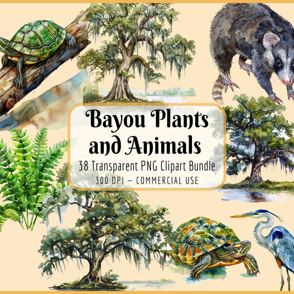 Bayou Plants and Animals Clipart Bundle I Southern Landscape Botanical Nature Cypress Trees Wildlife Birds Marsh Swamp, Instant PNG Download