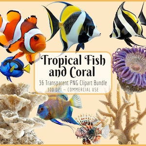 Tropischer Fisch und Koralle Clipart Bundle I Buntes Riff, Salzwasser, exotisches Meer Meeresleben, Unterwasser, Seestern Löwenfisch Tang PNG