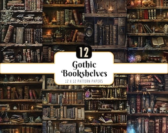 Gothic Spell and Magic Bookshelves | Digital Paper Pack, Dark Fantasy Library, Witchcraft, Backgrounds, Instant PNG Download, Commercial Use