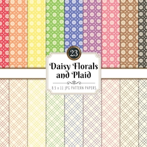 Daisies and Plaid Digital Paper Pack: Basic Patterns in Rainbow Colors (JPG Download)