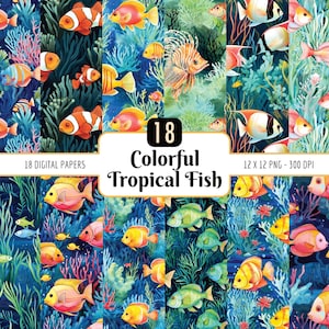 Colorful Tropical Fish Digital Paper Pack | Watercolor, Ocean Saltwater, Coral, Under the Sea Aquatic, Instant PNG Download, Commercial Use