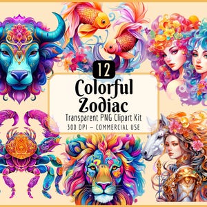 Conjunto de Cliparts de Signos do Zodíaco | Astrologia, Horóscopo, Áries a Peixes, Vibrante, Touro, Libra, Peixes e Leão, Download instantâneo de PNG, Uso Comercial