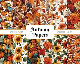Autumn Papers | Digital Paper Pack, Thanksgiving Backgrounds, Fall Scrapbook, Pumpkins Sunflowers Mums, Instant PNG Download, Commercial Use